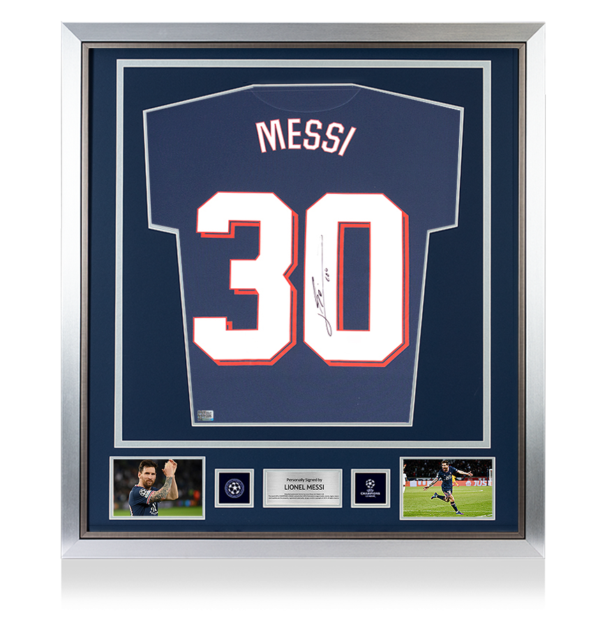 Lionel Messi Official UEFA Champions League Back Signed and Framed Paris Saint-Germain 2021-22 Home Shirt with Fan Style Numbers UEFA Club Competitions Online Store