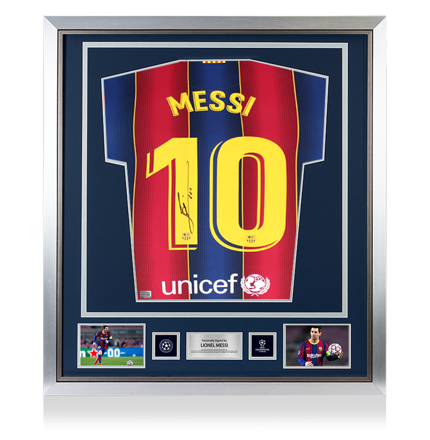 Lionel Messi Official UEFA Champions League Official Back Signed and Framed FC Barcelona 2020-2021 Home Shirt UEFA Club Competitions Online Store