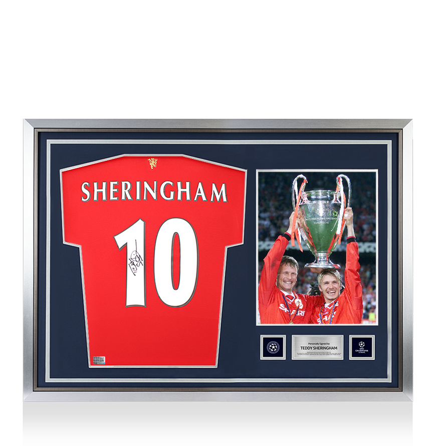 Teddy Sheringham Official UEFA Champions League Back Signed and Hero Framed Manchester United 2021-22 Home Shirt With Fan Style Numbers UEFA Club Competitions Online Store