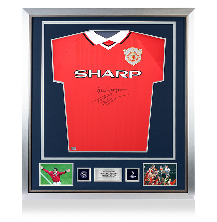 Teddy Sheringham & Sir Alex Ferguson Official UEFA Champions League Signed and Framed Manchester United 1999 Home Shirt - Platinum Bundle