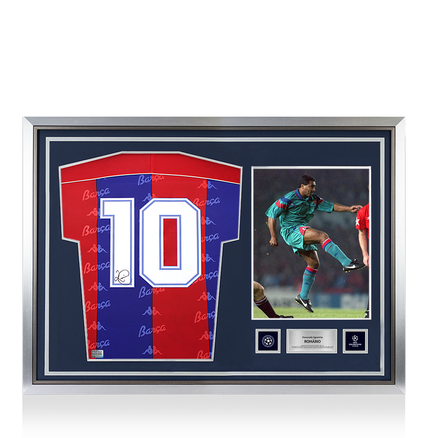 Romario Official UEFA Champions League Back Signed and Hero Framed FC Barcelona 1992 95 Home Shirt with Fan Style Numbers UEFA Club Competitions Online Store