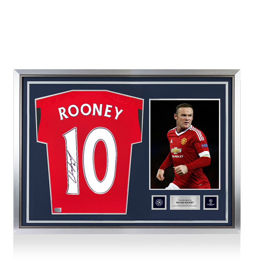 Wayne Rooney Official UEFA Champions League Back Signed and Hero Framed Manchester United 2023-24 Home Shirt with Fan Style Numbers UEFA Club Competitions Online Store