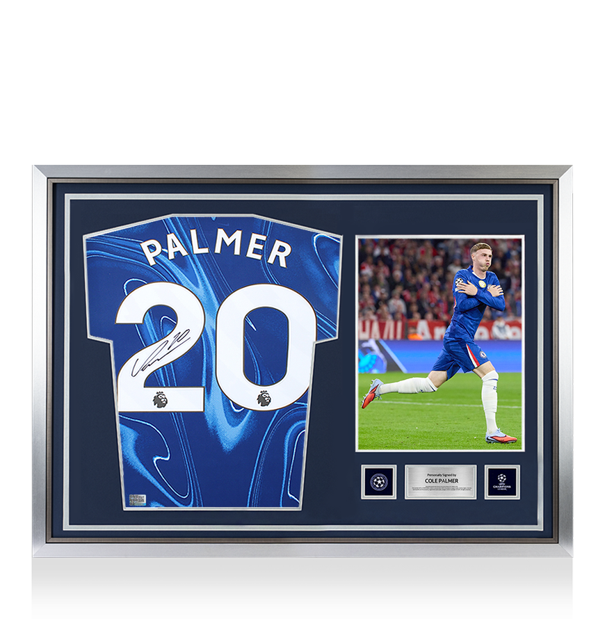 Cole Palmer Official UEFA Champions League Back Signed and Hero Framed Chelsea 2024-25 Home Shirt