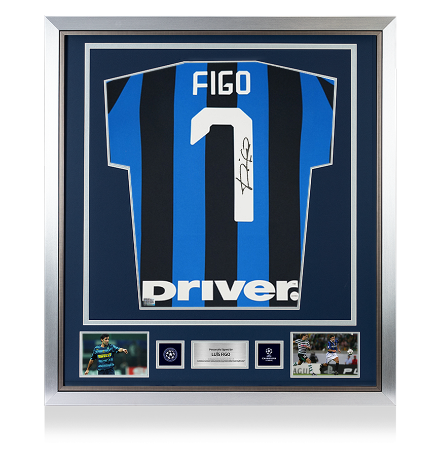 Luis Figo Official UEFA Champions League Back Signed and Framed Internazionale 2019-20 Home Shirt with Fan Style Number