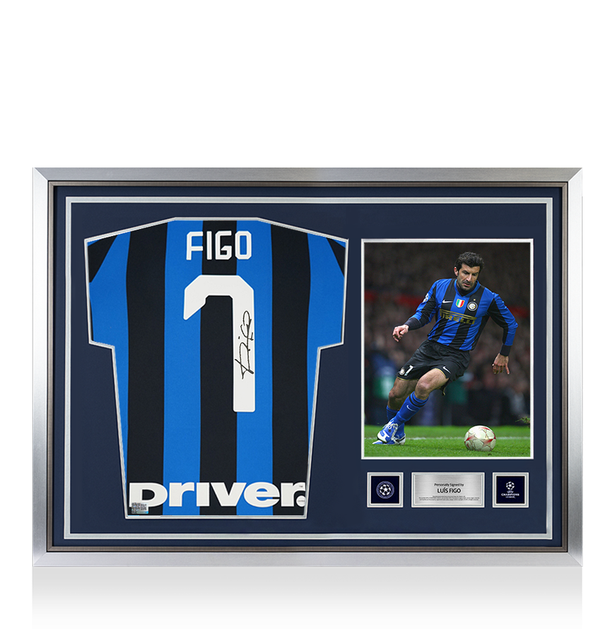 Luis Figo Official UEFA Champions League Back Signed and Hero Framed Internazionale 2019-20 Home Shirt with Fan Style Number