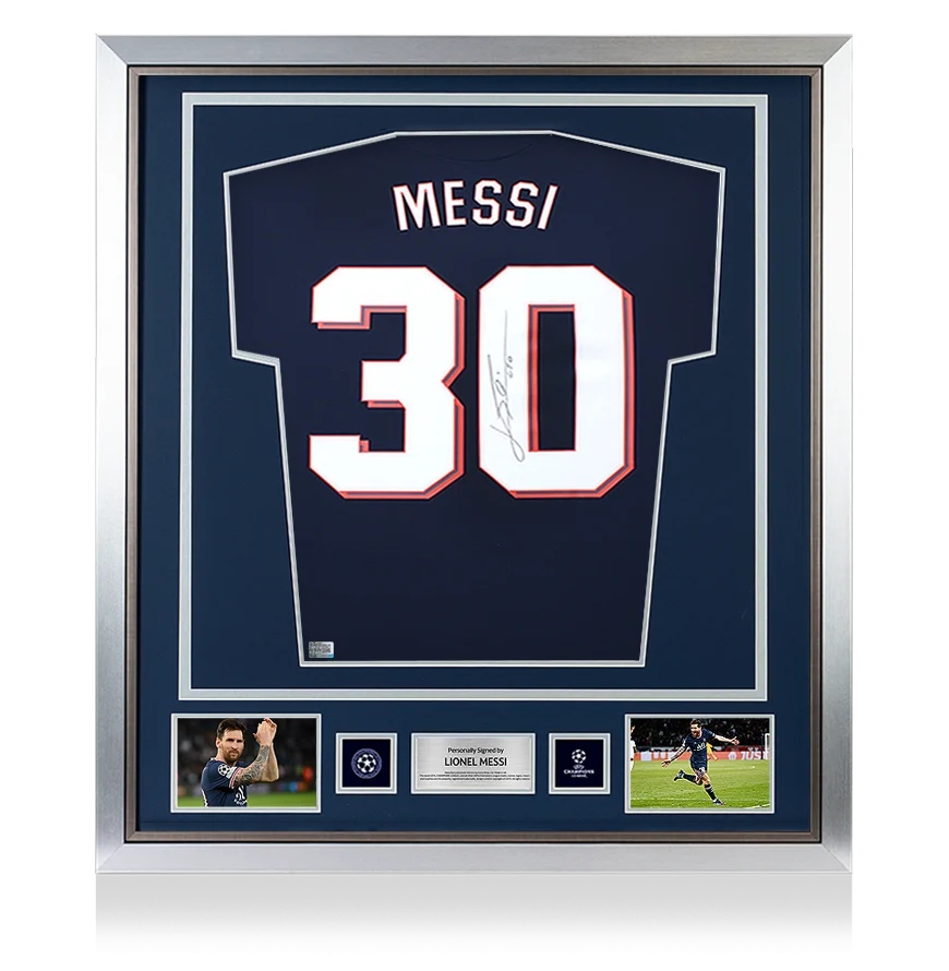 Lionel Messi Official UEFA Champions League Back Signed and Framed Paris Saint - Germain 2021-22 Home Shirt