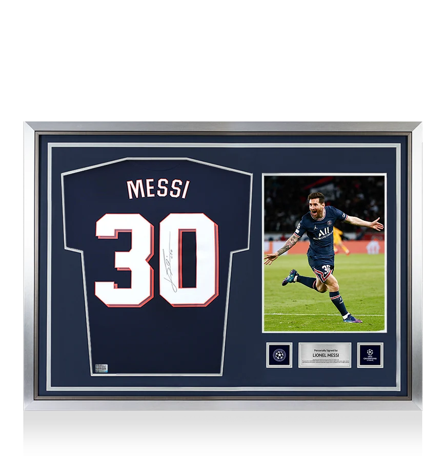 Lionel Messi Official UEFA Champions League Back Signed and Hero Framed Paris Saint - Germain 2021-22 Home Shirt