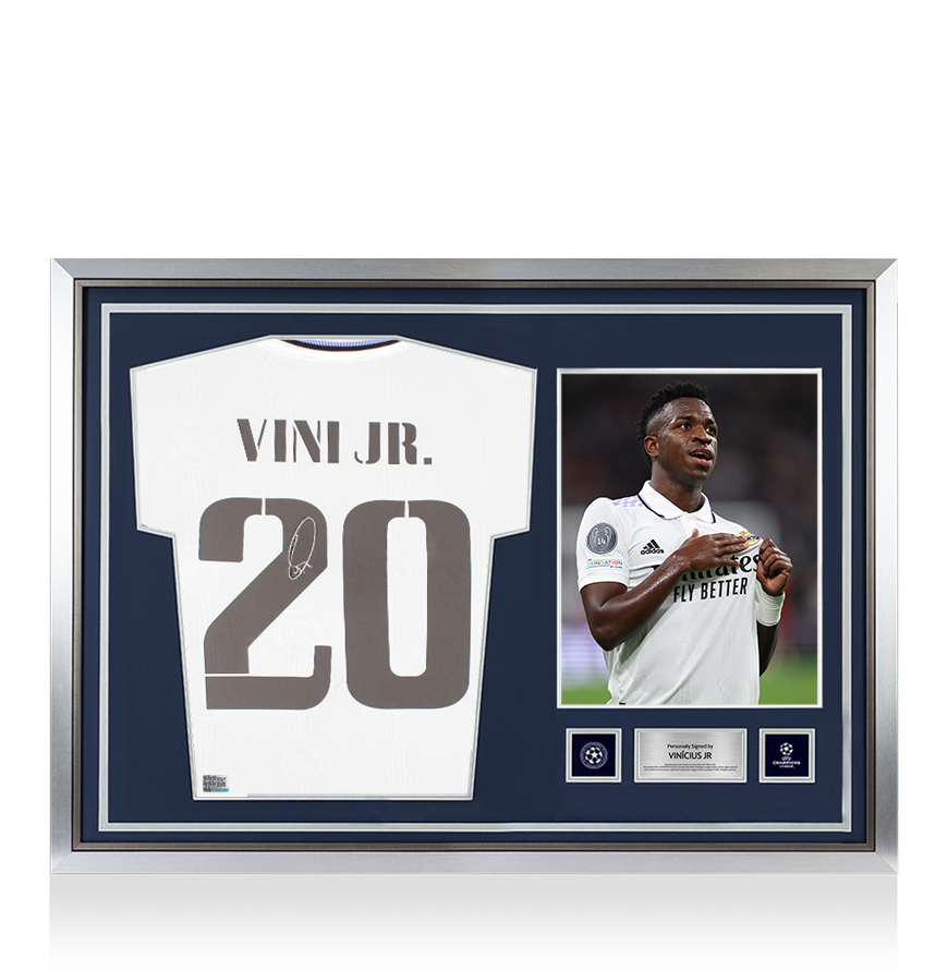 Vinicius Jr Official UEFA Champions League Back Signed and Hero Framed Real Madrid 2022-23 Home Shirt UEFA Club Competitions Online Store