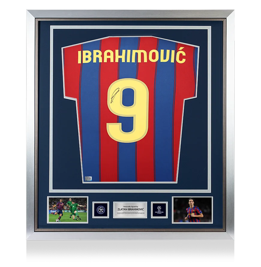 Zlatan Ibrahimovic Official UEFA Champions League Back Signed and Framed FC Barcelona 2009-10 Home Shirt with Fan Style Number