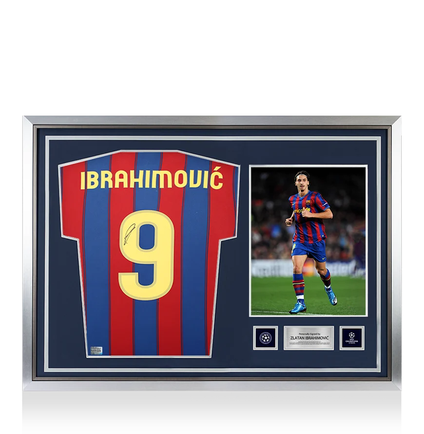 Zlatan Ibrahimovic Official UEFA Champions League Back Signed and Hero Framed FC Barcelona 2009-10 Home Shirt with Fan Style Number UEFA Club Competitions Online Store