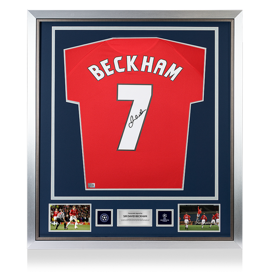 Sir David Beckham Official UEFA Champions League Back Signed and Framed Manchester United 1999 Home Shirt
