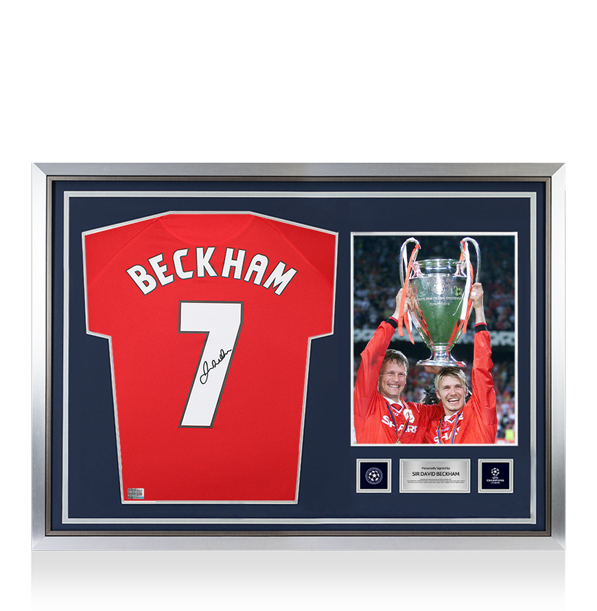 Sir David Beckham Official UEFA Champions League Back Signed and Hero Framed Manchester United 1999 Home Shirt