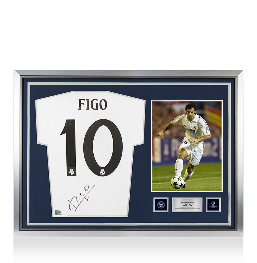 Luis Figo Official UEFA Champions League Back Signed and Hero Framed Real Madrid 2024-25 Home Shirt