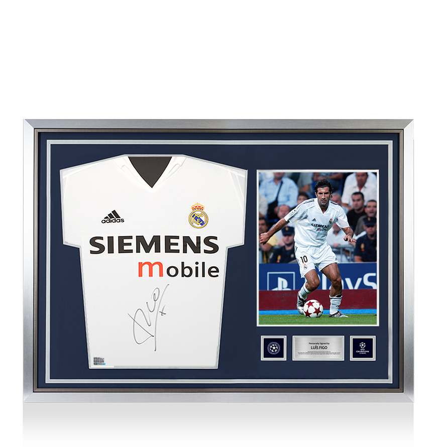 Luis Figo Official UEFA Champions League Front Signed and Hero Framed Real Madrid 2004-05 Home Shirt - Long Sleeved UEFA Club Competitions Online Store