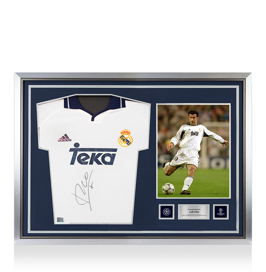 Luis Figo Official UEFA Champions League Front Signed and Hero Framed Real Madrid 2000-01 Home Shirt UEFA Club Competitions Online Store
