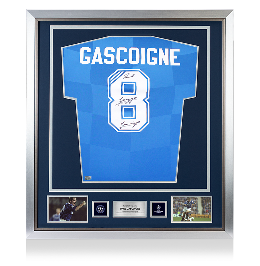 Paul Gascoigne Official UEFA Champions League Back Signed and Framed Rangers 2016-18 Home Shirt