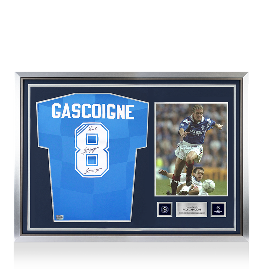 Paul Gascoigne Official UEFA Champions League Back Signed and Hero Framed Rangers 2016-18 Home Shirt