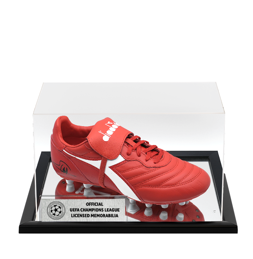 George Weah Official UEFA Champions League Signed Diadora Brasil Classico Football Boot In Acrylic Case