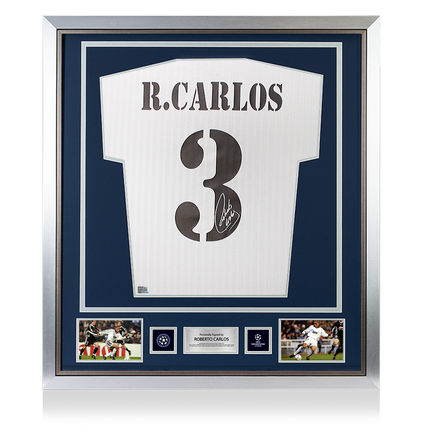 Roberto Carlos Official UEFA Champions League Back Signed and Framed Real Madrid Home Shirt With Fan Style Numbers UEFA Club Competitions Online Store