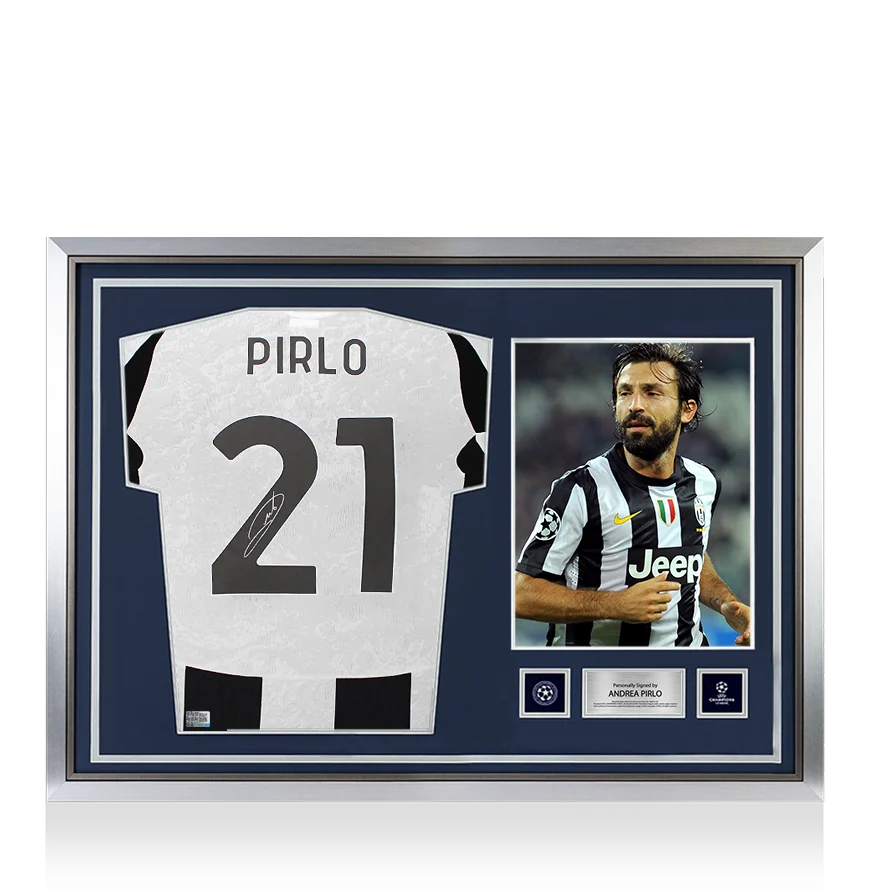 Andrea Pirlo Official UEFA Champions League Back Signed and Hero Framed Juventus 2024-25 Home Shirt With Fan Style Numbers