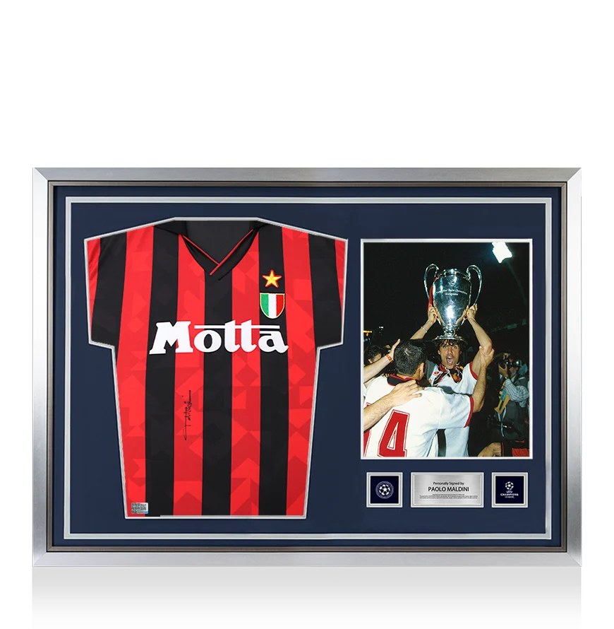 Paolo Maldini Official UEFA Champions League Front Signed and Hero Framed AC Milan 1994 Home Shirt