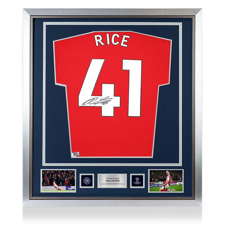Declan Rice Official UEFA Champions League Back Signed and Framed Arsenal 2024-25 Home Shirt with Fan Style Numbers