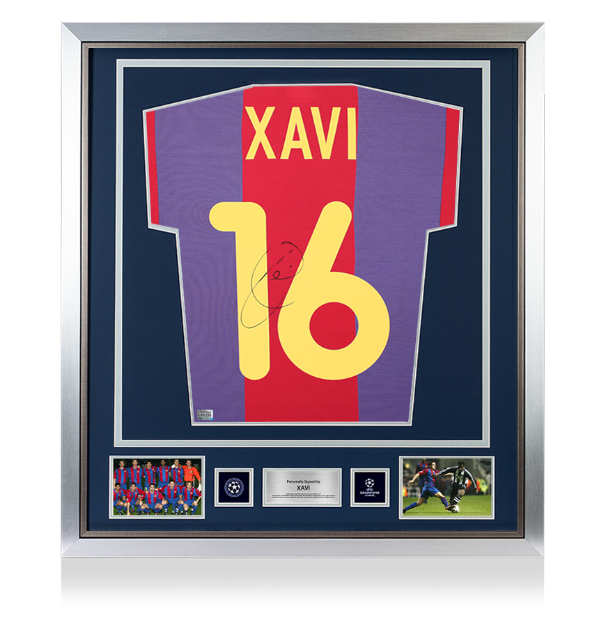 Xavi Official UEFA Champions League Back Signed and Framed FC Barcelona 2000-01 Home Shirt