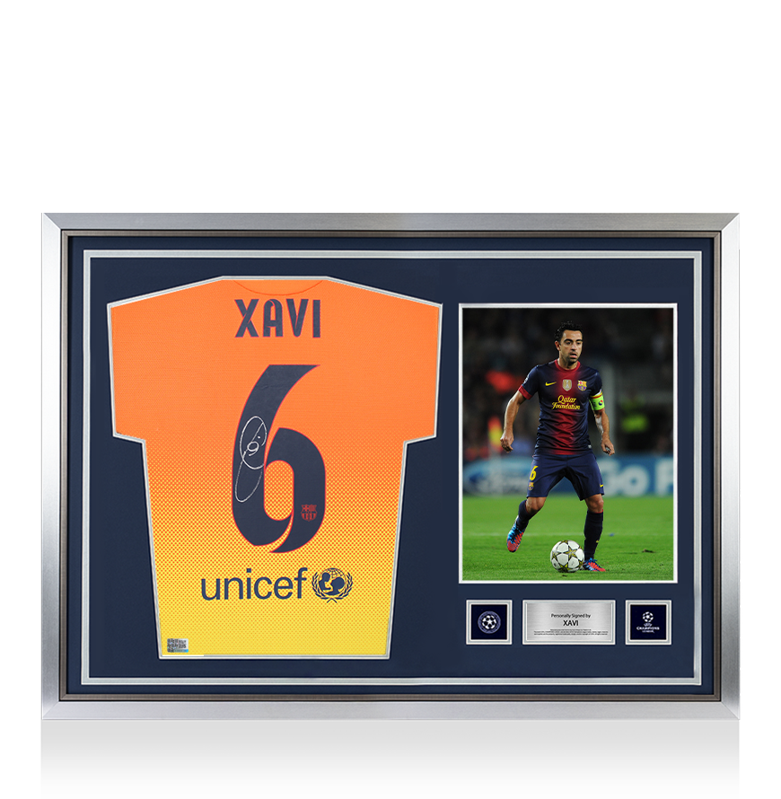 Xavi Official UEFA Champions League Back Signed and Hero Framed FC Barcelona 2012-13 Away Shirt