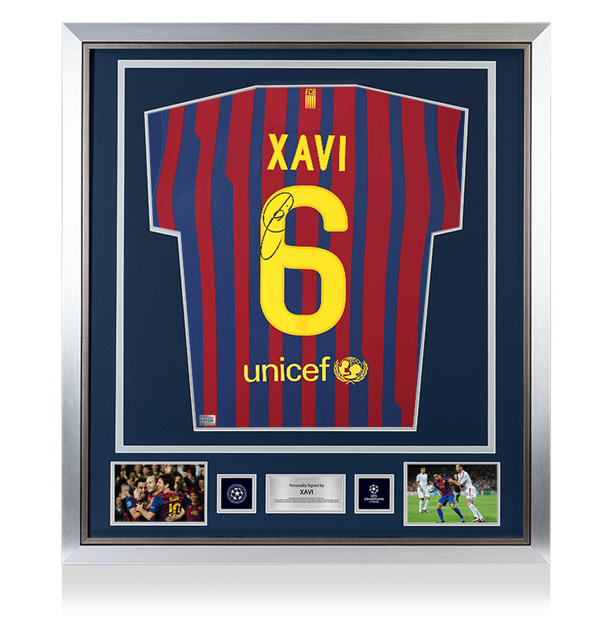 Xavi Official UEFA Champions League Back Signed and Framed FC Barcelona 2011-12 Home Shirt