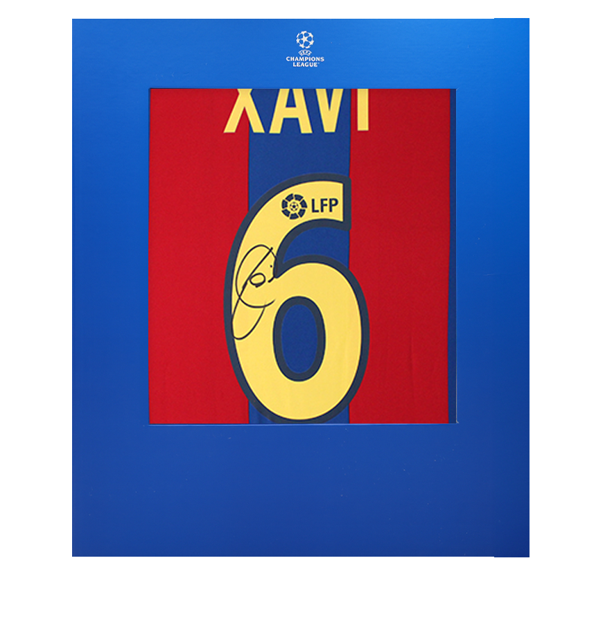 Xavi Official UEFA Champions League Back Signed FC Barcelona 2002-03 Home Shirt In Deluxe Packaging