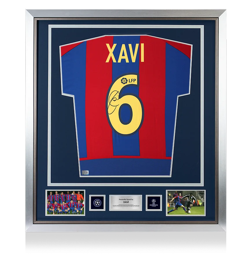Xavi Official UEFA Champions League Back Signed and Framed FC Barcelona 2002-03 Home Shirt