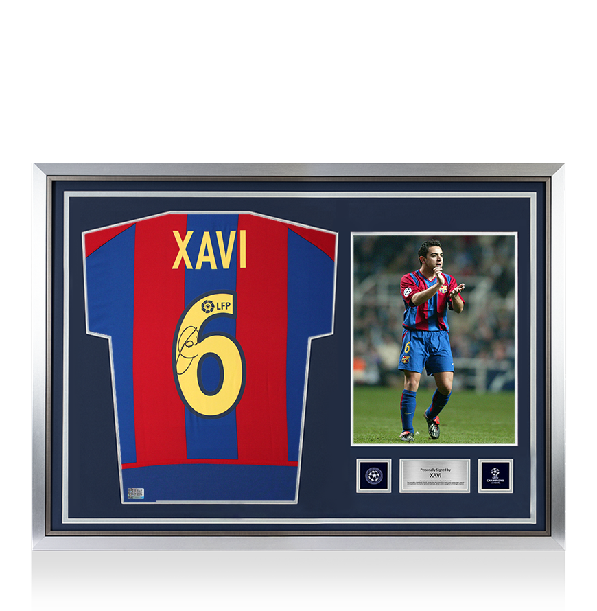 Xavi Official UEFA Champions League Back Signed and Hero Framed FC Barcelona 2002-03 Home Shirt