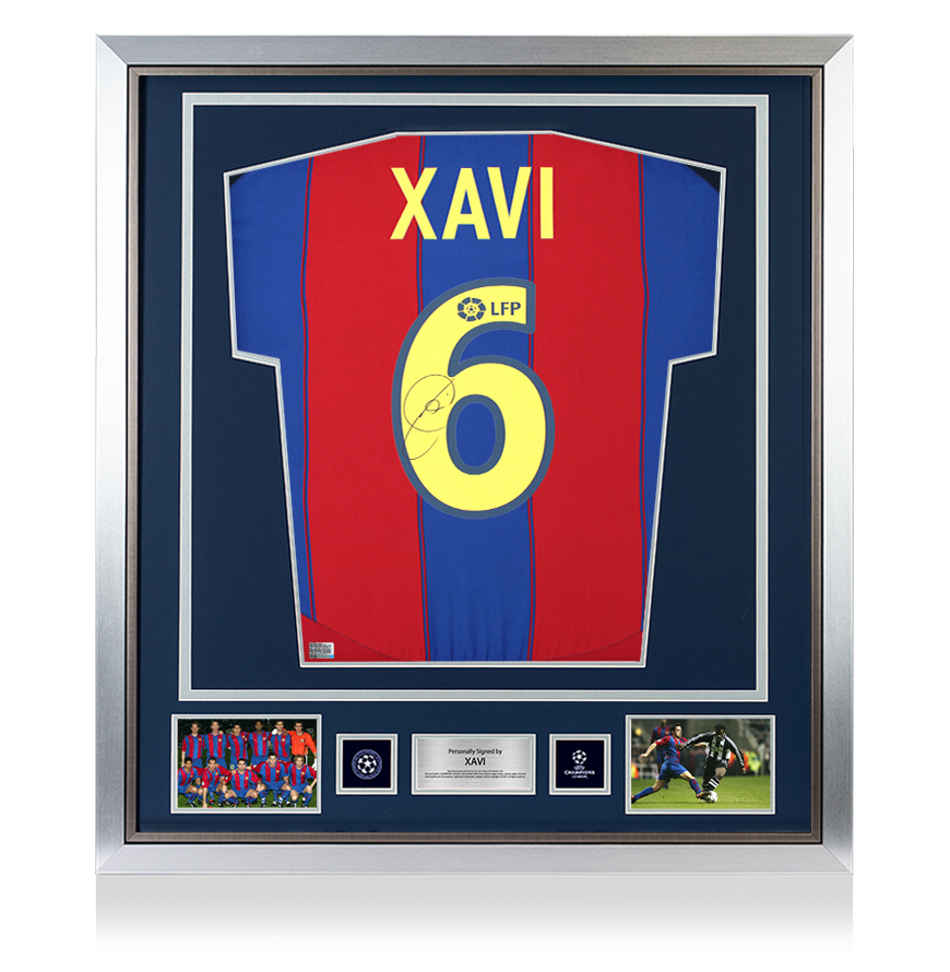 Xavi Official UEFA Champions League Back Signed and Framed FC Barcelona 2003-04 Home Shirt