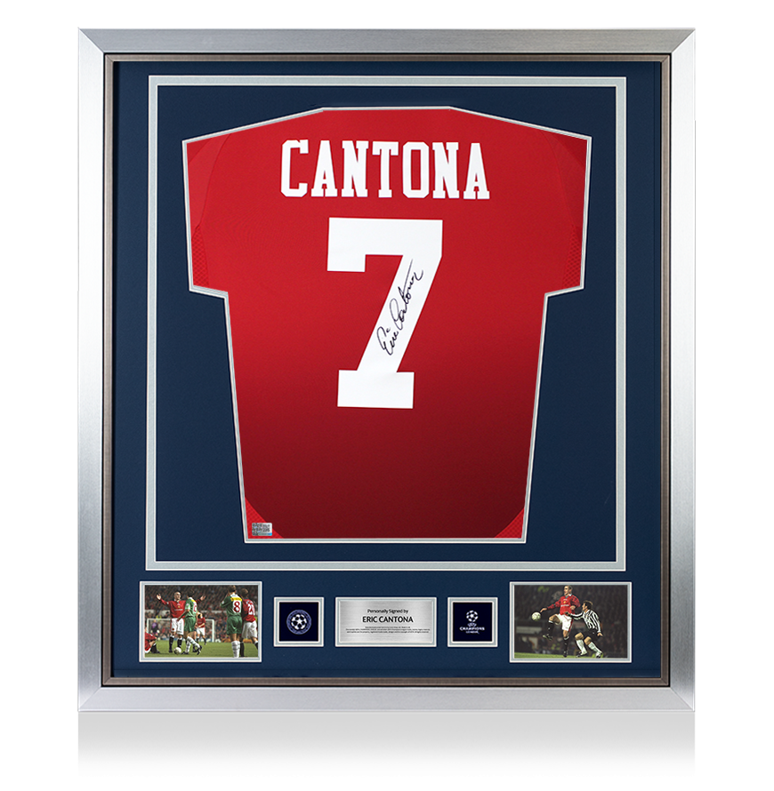 Eric Cantona Official UEFA Champions League Back Signed and Framed Manchester United 2024-25 Home Shirt with Fan Style Number