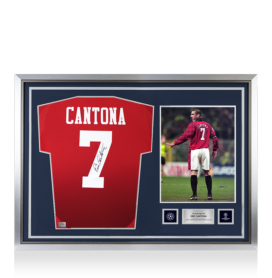 Eric Cantona Official UEFA Champions League Back Signed and Hero Framed Manchester United 2024-25 Home Shirt with Fan Style Number