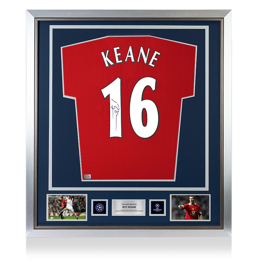 Roy Keane Official UEFA Champions League Back Signed and Framed Manchester United 2022-23 Home Shirt with Fan Style Numbers