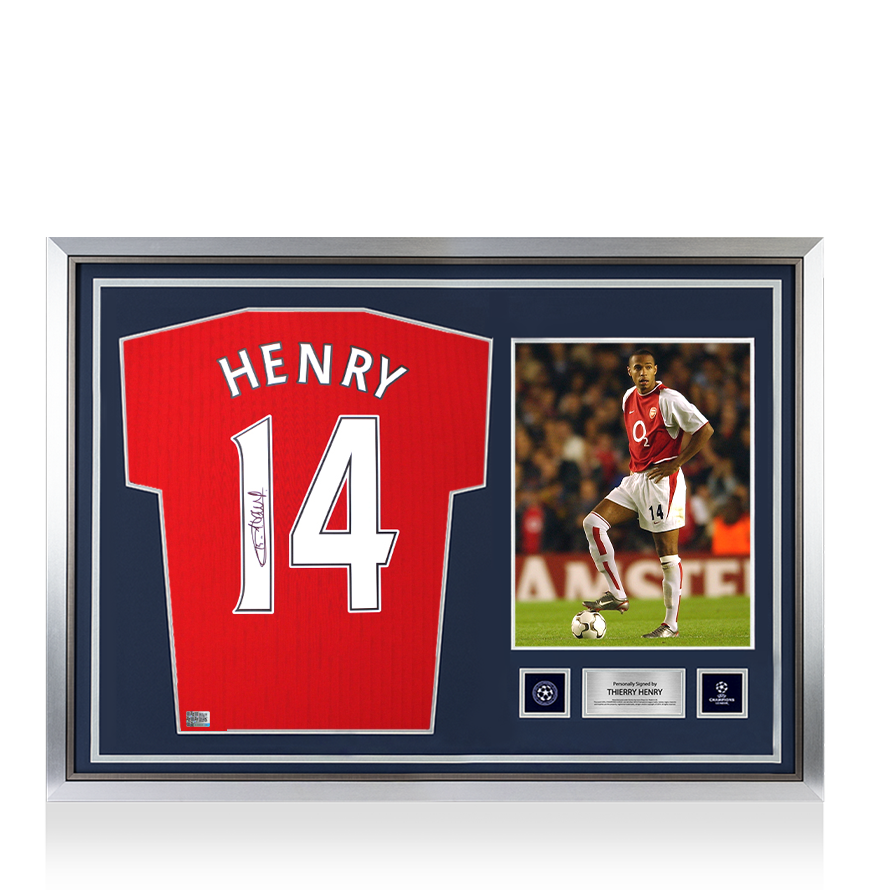Thierry Henry Official UEFA Champions League Back Signed and Hero Framed Arsenal Retro Home Shirt with Fan Style Numbers