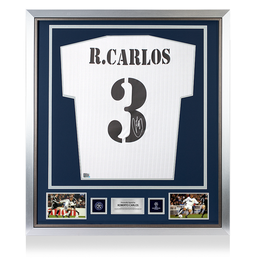 Roberto Carlos Official UEFA Champions League Back Signed and Framed Real Madrid Terrace Icon Shirt
