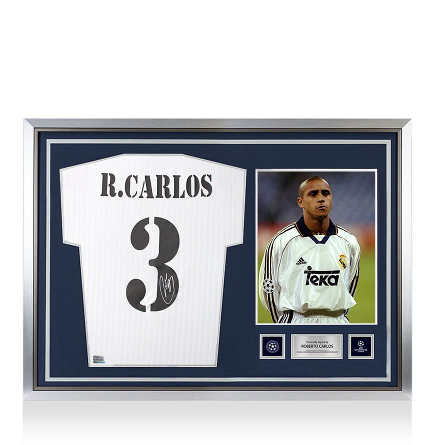 Roberto Carlos Official UEFA Champions League Back Signed and Hero Framed Real Madrid Terrace Icon Shirt