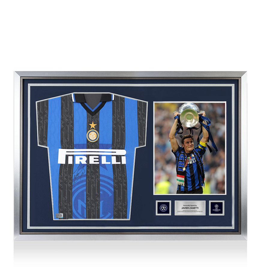 Javier Zanetti Official UEFA Champions League Front Signed and Hero Framed Internazionale 1998 Home Shirt