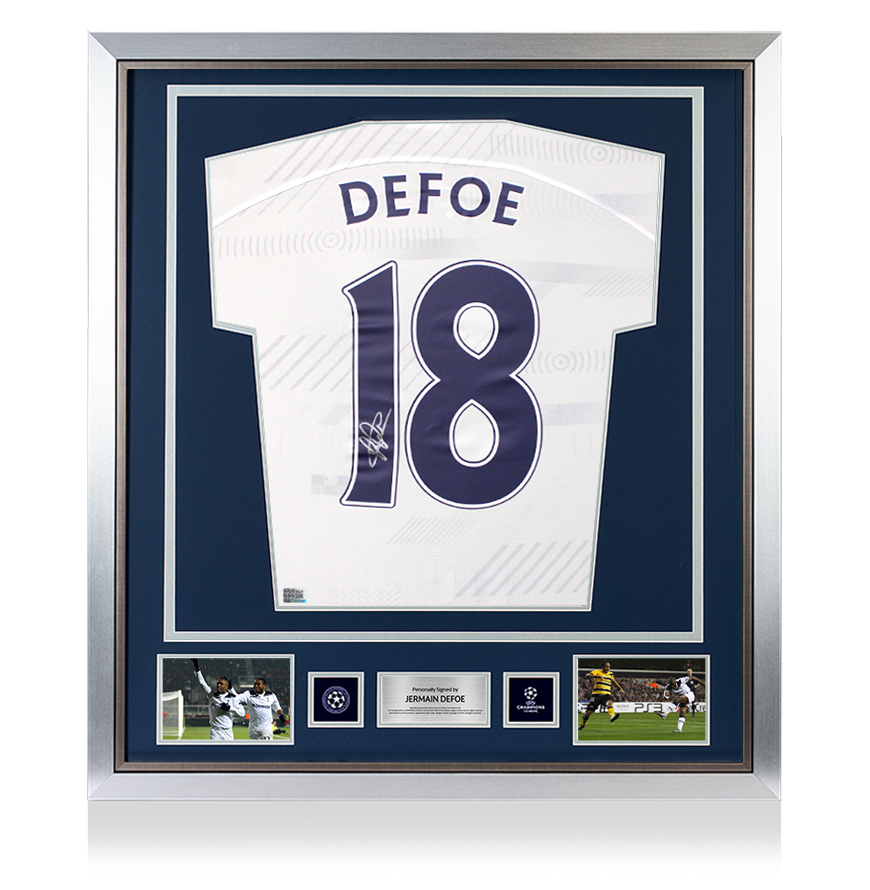 Jermain Defoe Official UEFA Champions League Back Signed and Framed Tottenham Hotspur 2023-24 Home Shirt with Fan Style Numbers - Silver Bundle