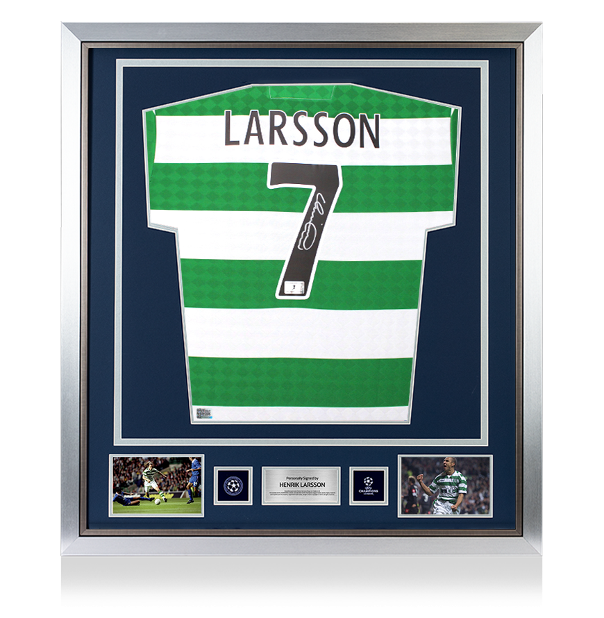 Henrik Larsson Official UEFA Champions League Back Signed and Framed Celtic Retro Home Shirt - Gold Bundle