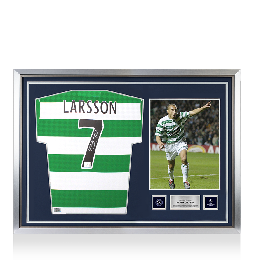 Henrik Larsson Official UEFA Champions League Back Signed and Hero Framed Celtic Retro Home Shirt