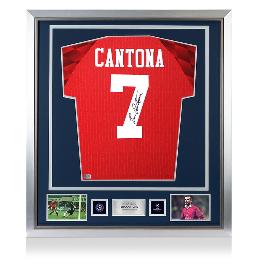 Eric Cantona Official UEFA Champions League Back Signed and Framed Manchester United 1996-98 Home Shirt UEFA Club Competitions Online Store