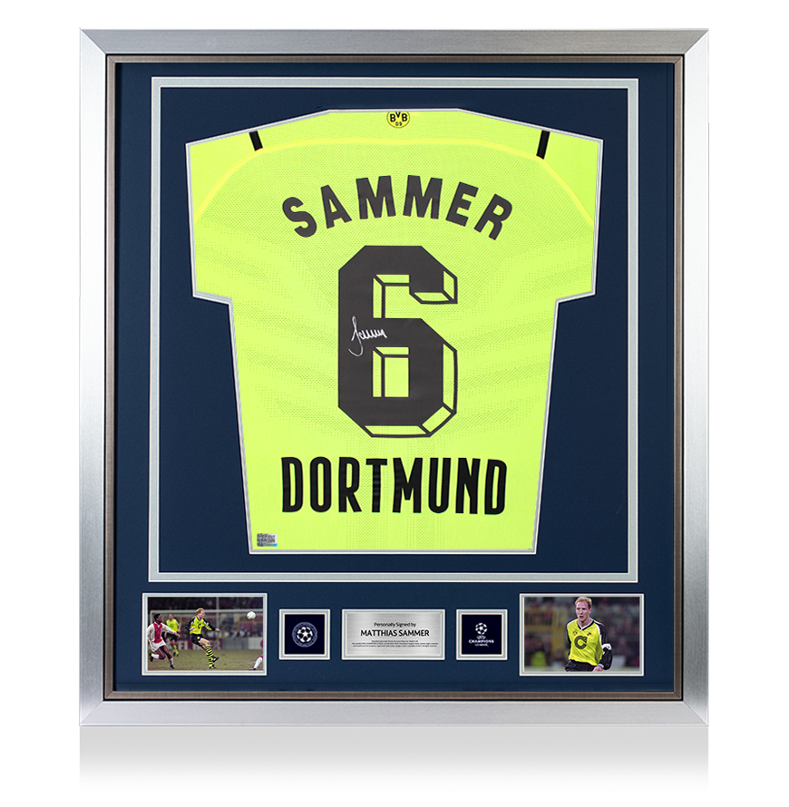 Matthias Sammer Official UEFA Champions League Back Signed and Framed Borussia Dortmund 2021-22 Home Shirt with Fan Style Number
