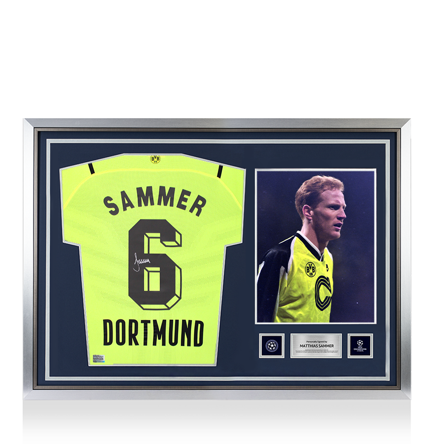 Matthias Sammer Official UEFA Champions League Back Signed and Hero Framed Borussia Dortmund 2021-22 Home Shirt with Fan Style Number