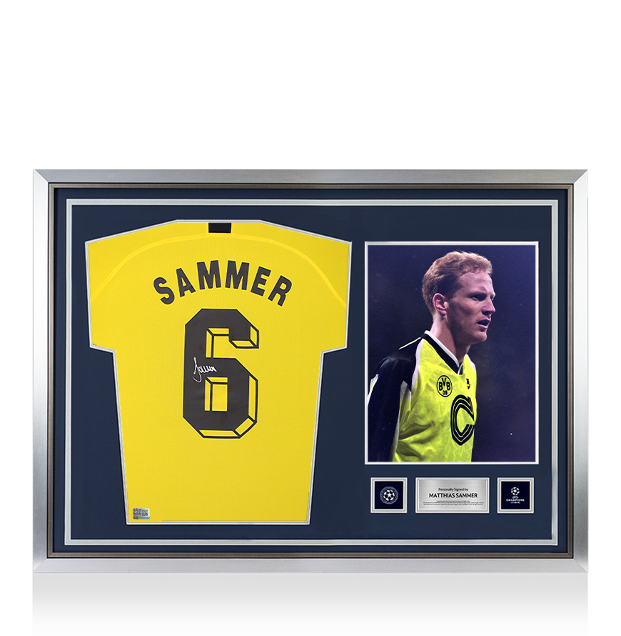 Matthias Sammer Official UEFA Champions League Back Signed and Hero Framed Borussia Dortmund 2019-20 Home Shirt with Fan Style Number