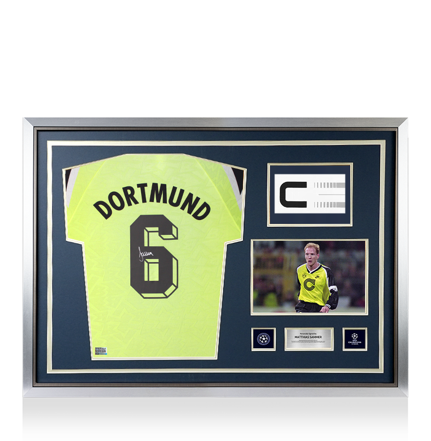Matthias Sammer Official UEFA Champions League Back Signed and Hero Framed Borussia Dortmund 1995-96 Home Shirt - Captain's Edition