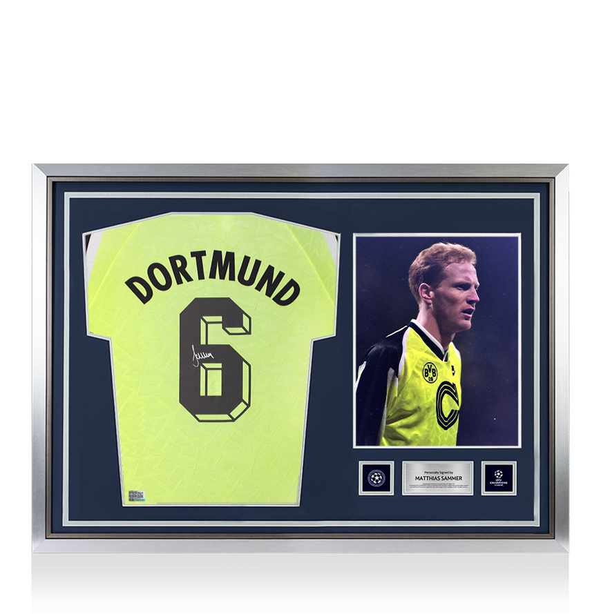 Matthias Sammer Official UEFA Champions League Back Signed and Hero Framed Borussia Dortmund 1995-96 Home Shirt