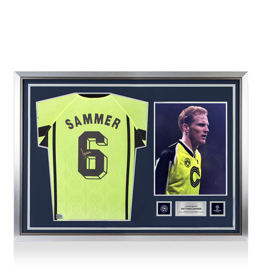Matthias Sammer Official UEFA Champions League Back Signed and Hero Framed Borussia Dortmund 1996-97 Home Shirt